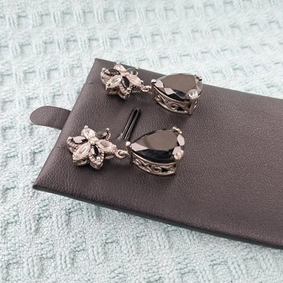 Black Tourmaline, Spinel & Topaz Natural Gemstone Dangle Earrings - Picture 3 of 8